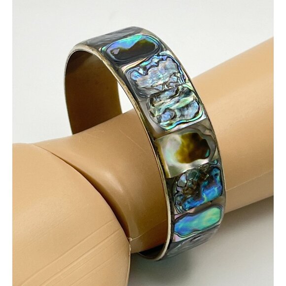 Vintage Mexico Abalone Shell Bangle Bracelet Silver Tone Iridescent Inlay - Picture 7 of 8